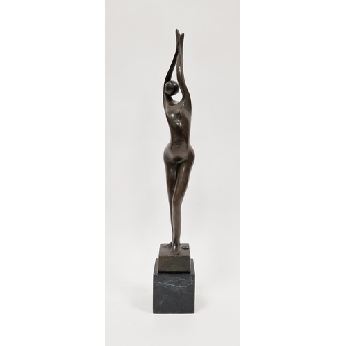 156 - After J Depose - bronze freeform female figure with a stamp mark, on a stepped marble base, 46cm to ... 