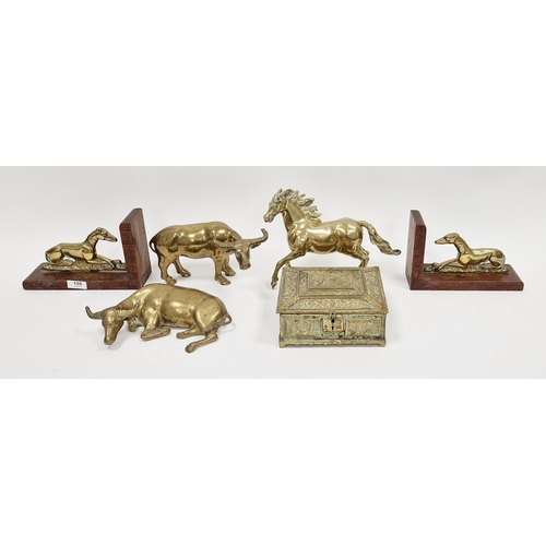 159 - Various brass items to include a pair of bookends fitted with brass models of  greyhounds, two brass... 