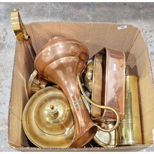 165 - Quantity of copper and brassware to include a brass shell case, a copper planter, pair of brass mode... 