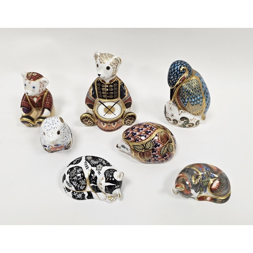 17 - Seven Royal Crown Derby bone china animal paperweights, comprising Drummer Bear, Orchard Hedgehog, C... 