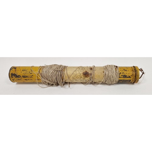 176 - WWII period RAF emergency kite within a yellow painted cylindrical tin applied with printed linen in... 