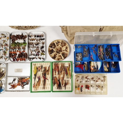 177 - Collection of boxed fishing flies, a Hardy's (Alnwick) MKII fishing reel, assorted lures, bags and o... 