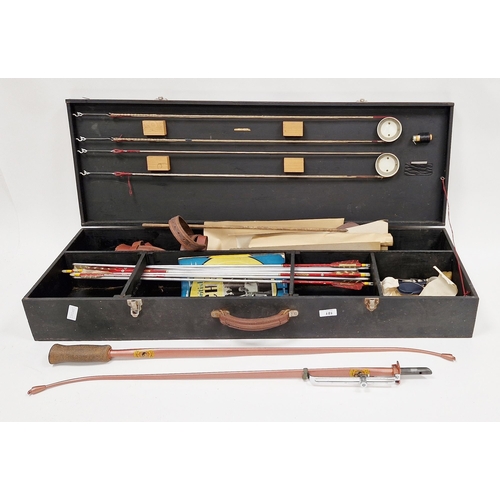 181 - Cased archery set including an Apollo Swift bow and Bowman's Guide 1958, a leather quiver for arrows... 