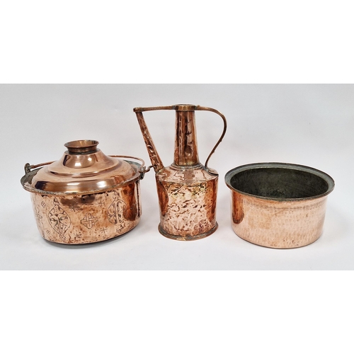 185 - Engraved copper cooking pot and cover with swing handle, engraved with foliate ornament and another ... 