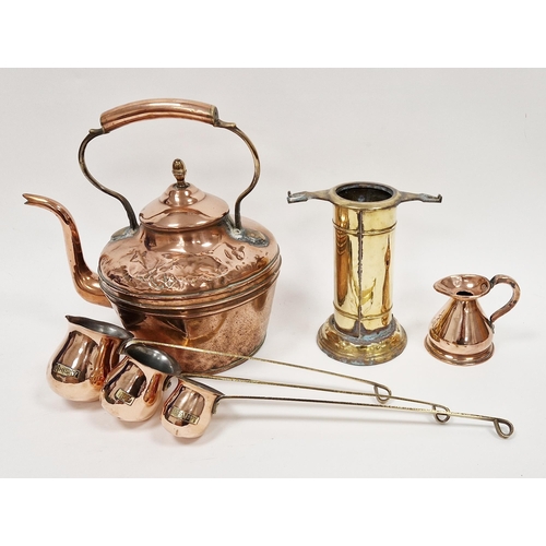 188 - Victorian copper kettle, a brass half-gill measuring jug, three copper and brass spirit warmers for ... 