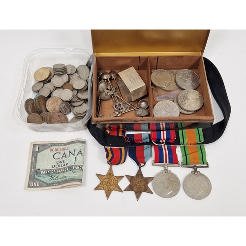 201 - Mid-century silver-plated cigar box, a collection of loose GB coinage, a group of four WWII medals i... 