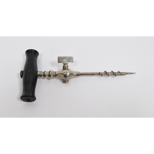 202 - Early 20th century champagne tap, with turned ebonised handle and nickle-plated screw, 14cm long