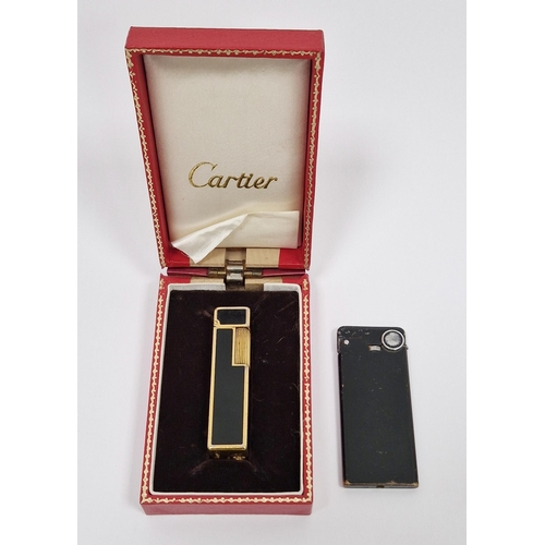 205 - Cartier gold-plated and black enamel lighter of square section, boxed, and a Prince Racing 45 slim-l... 