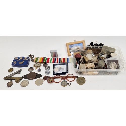 218 - Collection of commemorative coins and medals, silver and silver-gilt thimbles, assorted enamelled ba... 