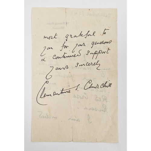 219 - Letter from Clementine Churchill (1885-1977) dated December 1942, on 10 Downing Street, Whitehall he... 