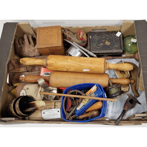 223 - Assorted collectables including:a collection of vintage pen knives, rolling pins, a chrome mid-centu... 