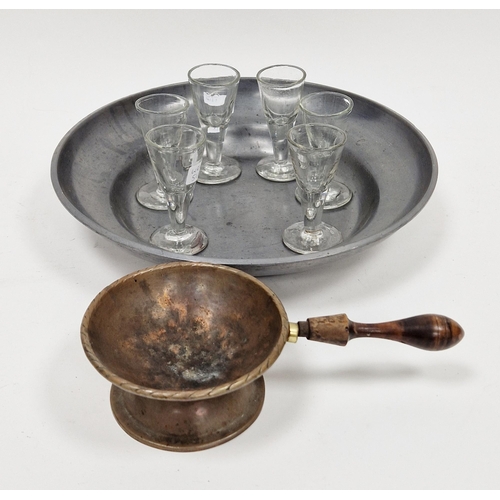 225 - Set of six 18th century style firing glasses, a 19th century pewter dish, stamped with crowned initi... 