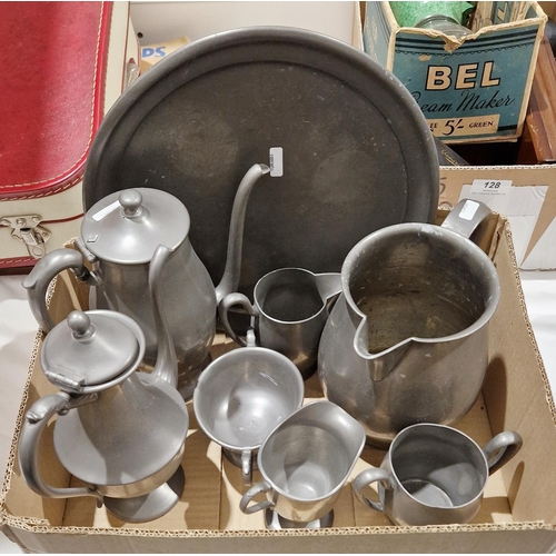 235 - Pewter items to include chocolate pot, coffee pot, platter, jugs, etc (1 box)