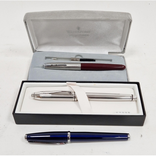 250 - Three contemporary fountain pens, comprising: a Waterford, boxed and a Cross fountain pen, boxed, to... 