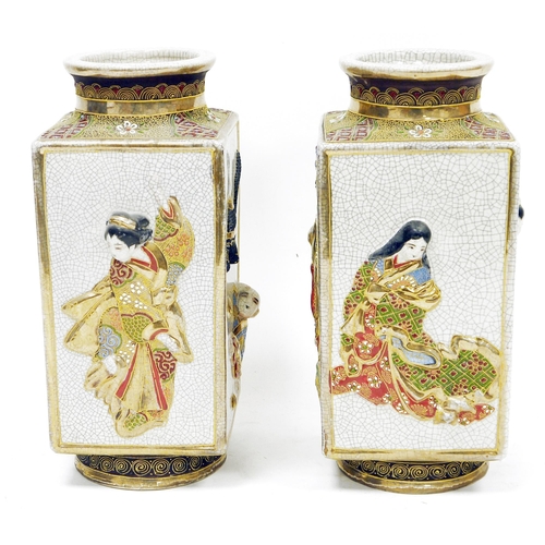 263 - Pair of Japanese Satsuma square-section vases, early 20th century, each moulded with dancing figures... 