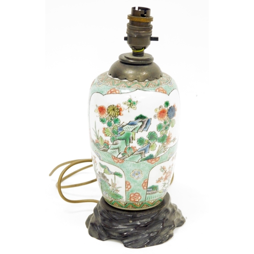 264 - Chinese porcelain famille verte oviform vase, 19th century, adapted as a table lamp, painted with fl... 