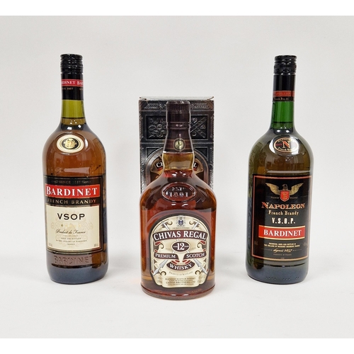 283 - Two 1 litre bottles of Bardinet VSOP French brandy and a 1 litre of Chivas Regal 12 year old in silv... 