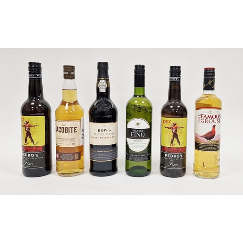 286 - Six bottles of whisky and fortified wines including two Pedro Fino sherry, another, 1 x Famous Grous... 