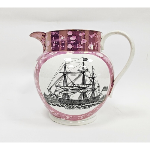 3 - Sunderland pearlware lustre jug, early 19th century, printed with a ship titled 'Northumberland 74' ... 