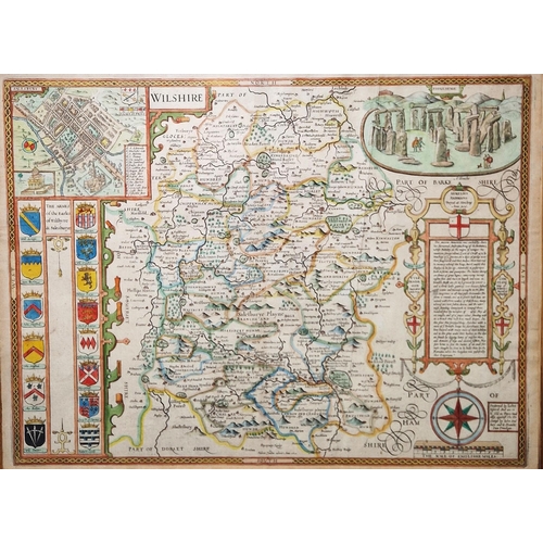 345 - John Speed, 'Wilshire', John Sudbury & George Humble, 17th century hand coloured engraved map of Wil... 