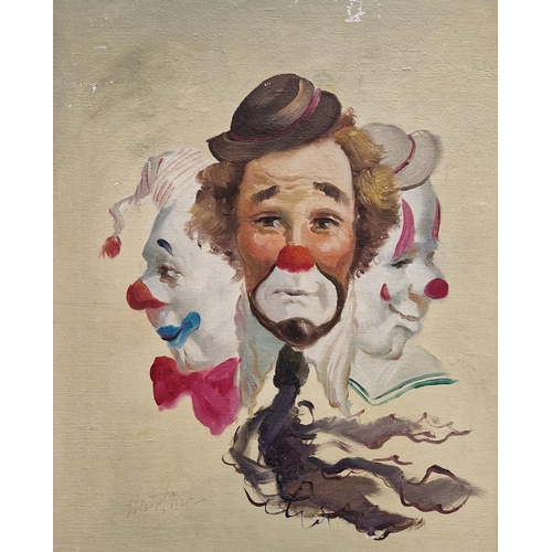 351 - 20th century continental school
 Oil on board
 Study of three clown faces, indistinctly signed lower... 