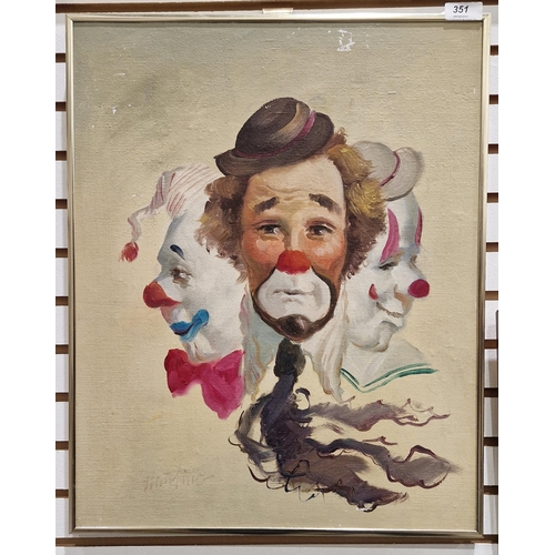 351 - 20th century continental school
 Oil on board
 Study of three clown faces, indistinctly signed lower... 