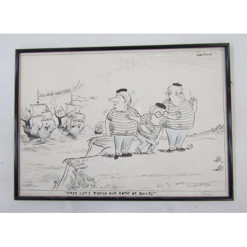 362A - Nicholas Garland (1935),
 pen, ink and crayon on paper,
 'First Let's Finish Our Game of Boules', si... 