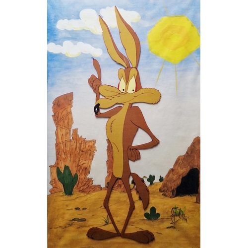 363 - Animation cel featuring Wile E. Coyote overlaid on a painted background, both signed 'Jimbo', dated ... 