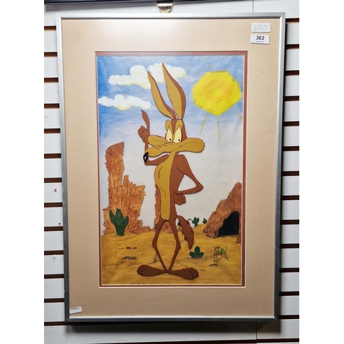 363 - Animation cel featuring Wile E. Coyote overlaid on a painted background, both signed 'Jimbo', dated ... 