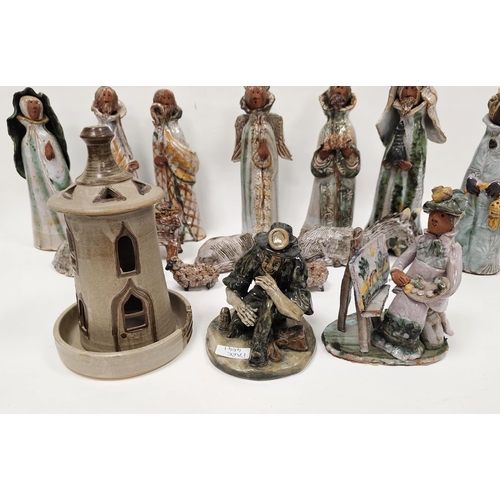 37 - Ashwell pottery tin glazed earthenware nativity set including the wise men, cattle and crib, a Seven... 