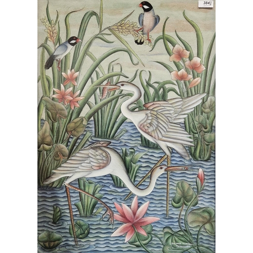 384 - DW made Muktika (Pengosekan school, Bali)
 Inks/acrylic on canvas
 Herons amongst reeds, signed lowe... 