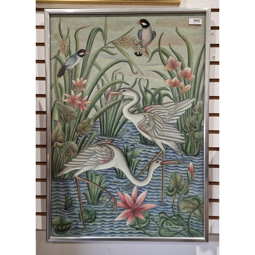 384 - DW made Muktika (Pengosekan school, Bali)
 Inks/acrylic on canvas
 Herons amongst reeds, signed lowe... 