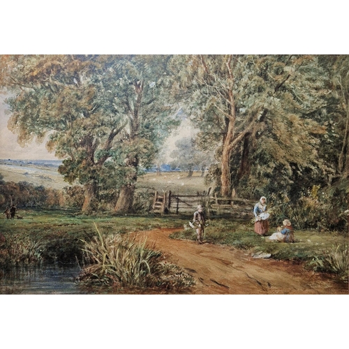 389 - David Cox Snr OWS (British,1783-1859)
 Watercolour
 Rural scene with flower pickers next to path, si... 