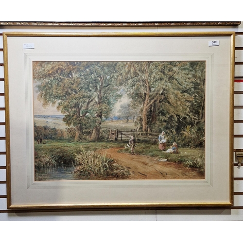 389 - David Cox Snr OWS (British,1783-1859)
 Watercolour
 Rural scene with flower pickers next to path, si... 