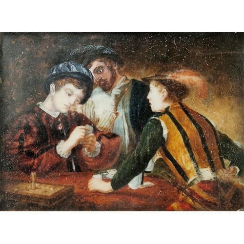 398 - 19th Century School, The Cardsharps, after Caravaggio, watercolour on ivory, within gilt-metal rocai... 