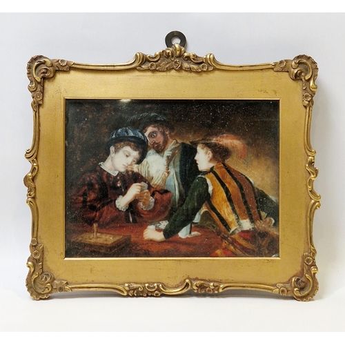 398 - 19th Century School, The Cardsharps, after Caravaggio, watercolour on ivory, within gilt-metal rocai... 