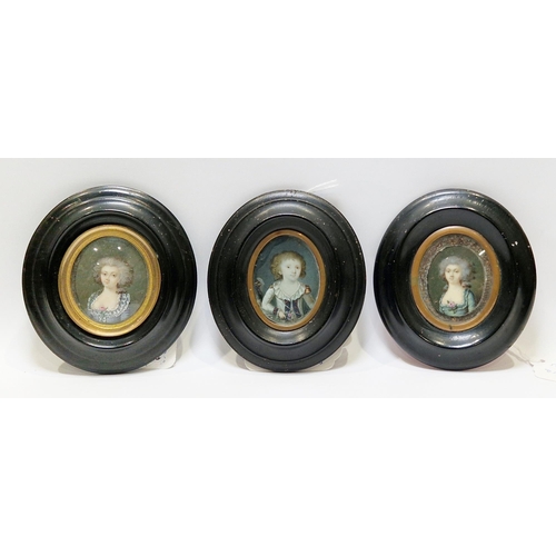 399A - Three late 18th French School portrait miniatures on ivory Each in watercolour on oval ivory plaque,... 