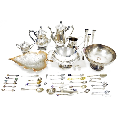 403 - Collection of plated ware, including tea set, various souvenir spoons, vases, dishes, tray, bowls, e... 