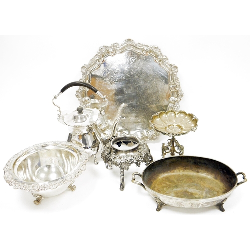 404 - Collection of plated ware, including tea kettle, salver, spirit kettle stand, bon bon dish raised on... 