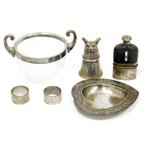 413 - Victorian silver plate stirrup cup, cast with a fox's head; together with a Victorian hip flask with... 