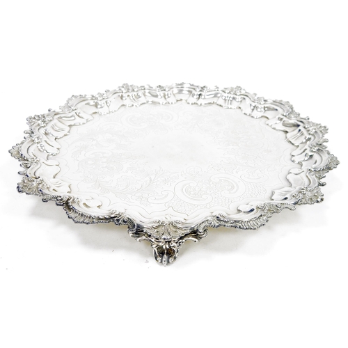 414 - Large Victorian silver plated circular tray, foliate and floral engraved, ornate foliate border, on ... 