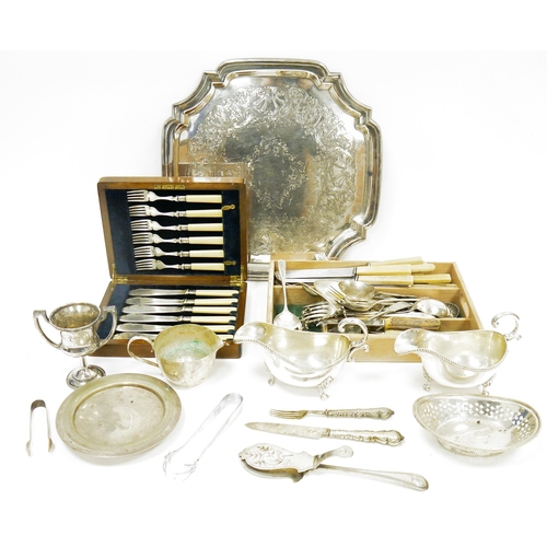 417 - Collection of plated ware, including aesthetic movement servers, a pair of sauceboats, trophy, Georg... 