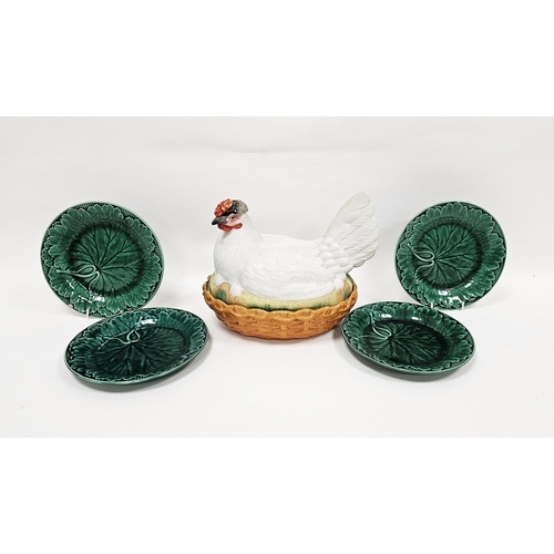 44 - Staffordshire-style hen on nest egg tureen fitted with egg stand and six egg cups to interior, paint... 