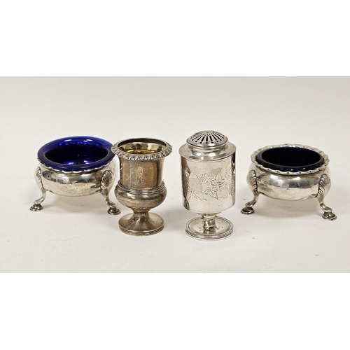 446 - Pair of George II silver circular salts, makers mark rubbed, probably London 1743, with crimped rims... 