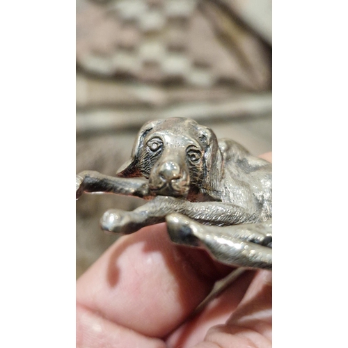 451 - Late Victorian silver model of a recumbent dog, 6cm wide, Birmingham 1894, maker Lawrence Emanuel, 3... 