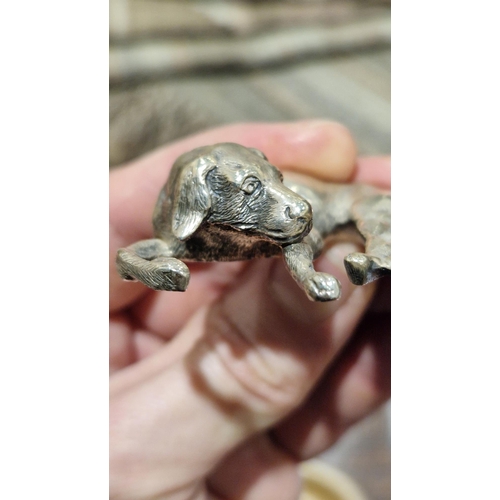 451 - Late Victorian silver model of a recumbent dog, 6cm wide, Birmingham 1894, maker Lawrence Emanuel, 3... 