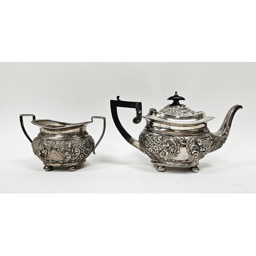 455 - Edwardian silver teapot and sugar bowl by Williams Ltd, Birmingham 1903, both of oval form with scro... 