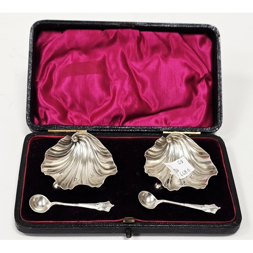 458 - Pair late Victorian silver salt cellars, each shell-shaped and raised on three ball feet and a match... 