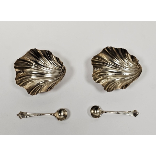 458 - Pair late Victorian silver salt cellars, each shell-shaped and raised on three ball feet and a match... 