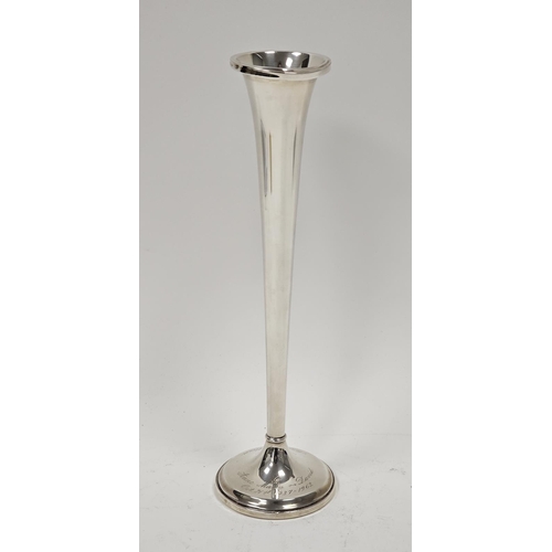 461 - Sterling silver presentation trumpet vase of slender form and on circular base, inscribed 